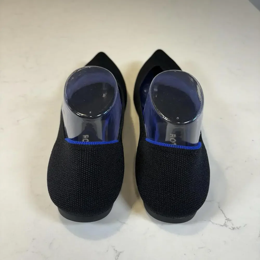 Rothy's Black Pointed Knit Flats with Blue Trim